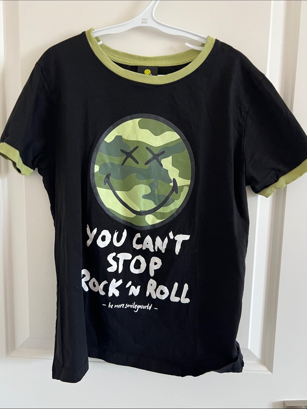 Kids Black Tee with Green Camo Smiley Graphic